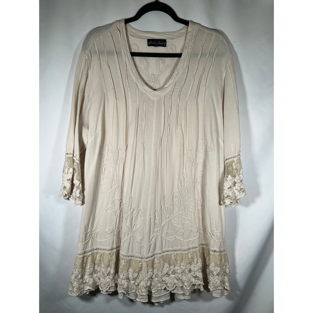 Gretty Zueger Cream Lace Tunic Top Embroidered Boho V-Neck Blouse